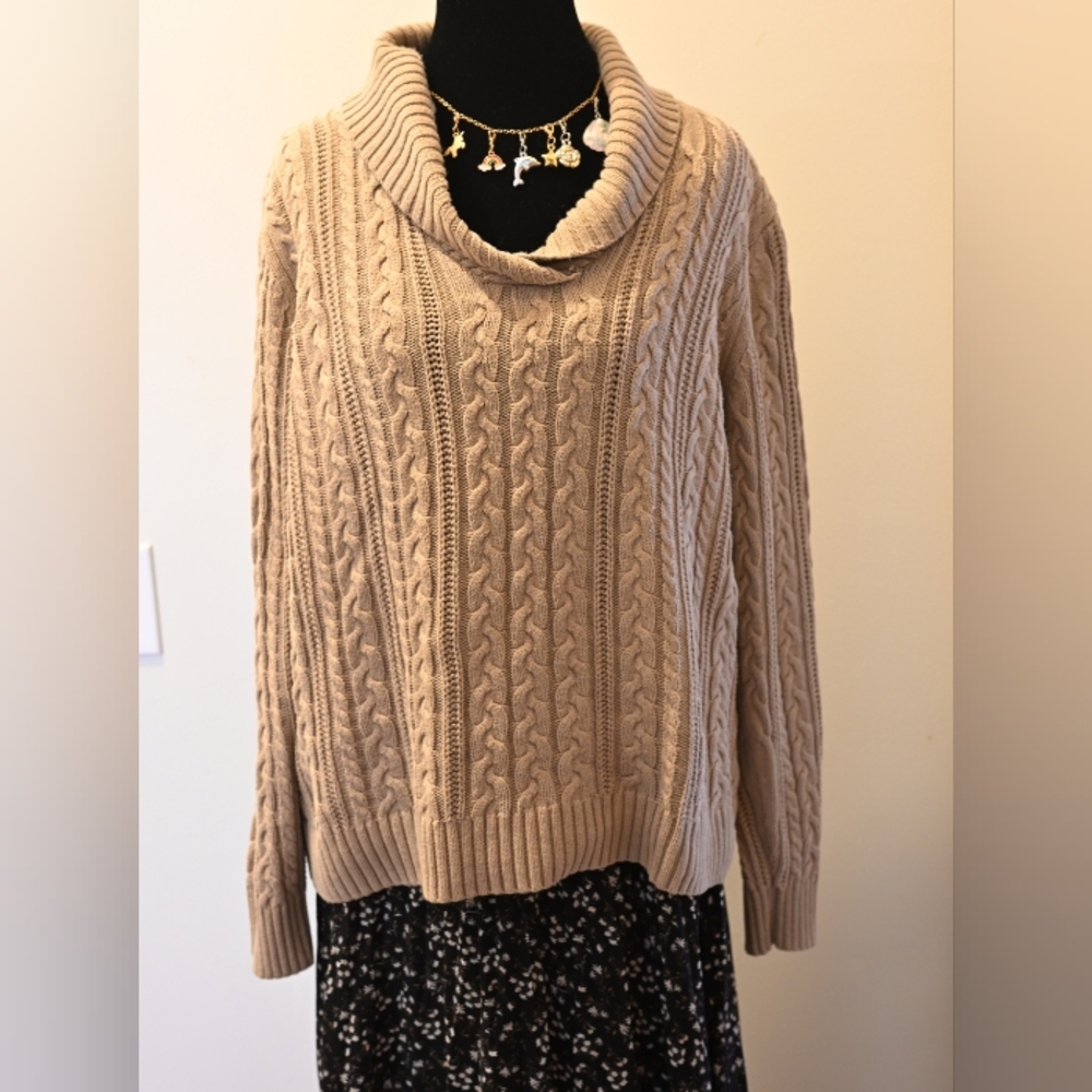 Beige Tan Cable Knit 100% Cotton Cowl Neck Sweater Size XL Fisherman Grandmacore
